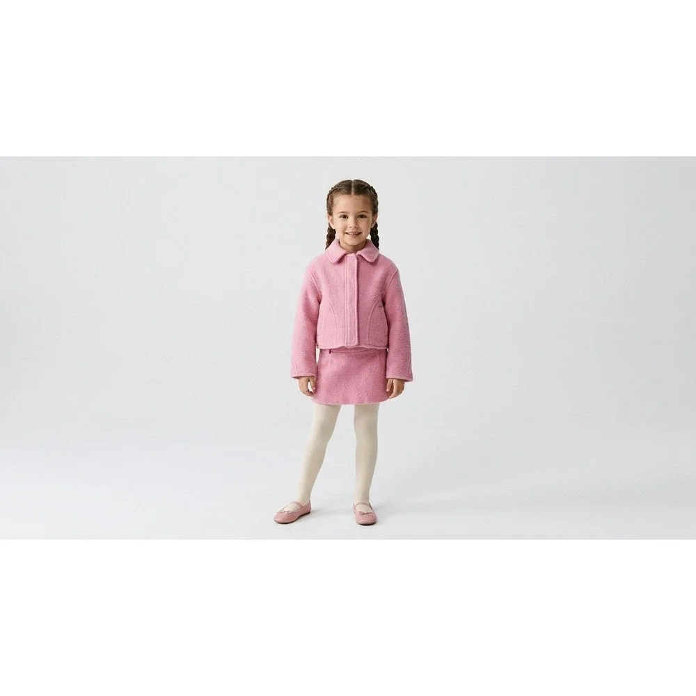 Zara Skirt Suit Set Girls 4-5 Pink Excellent Wool Blend Preppy Classic